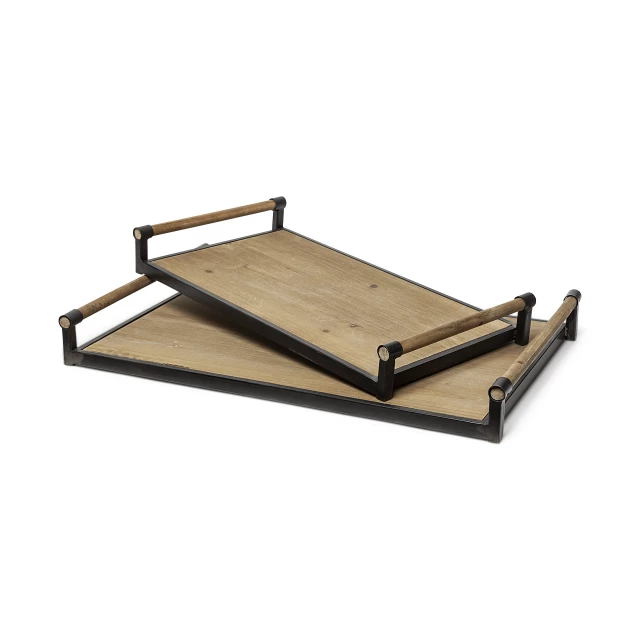 matte black metal frame handles trays on wooden table