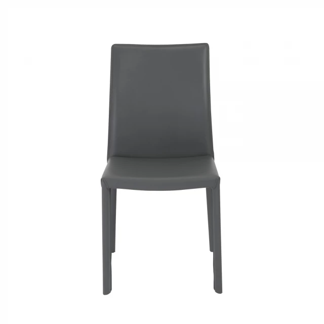 Gray upholstered leather dining side chairs with wood armrests and comfortable rectangle seat