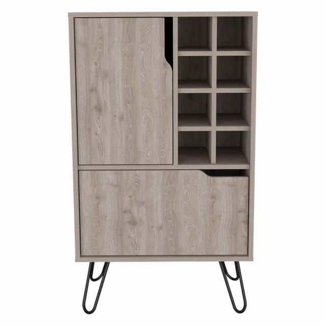 Light gray bar cabinet door panels in hardwood and plywood with wood stain and shelving detail