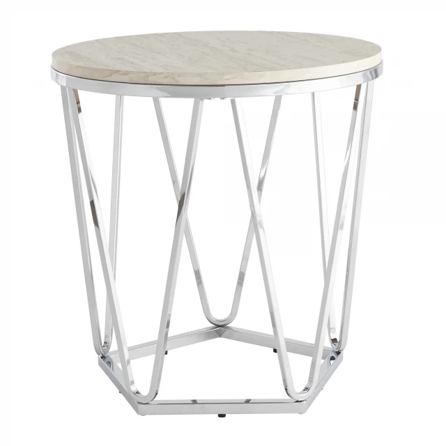 Round manufactured wood and iron end table with glass drinkware on top