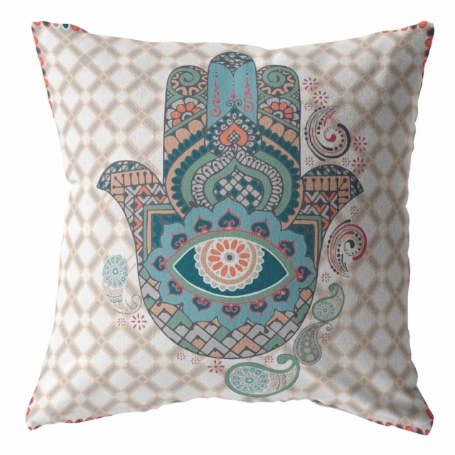 Gray hamsa boho suede throw pillow with aqua art and brown textile design