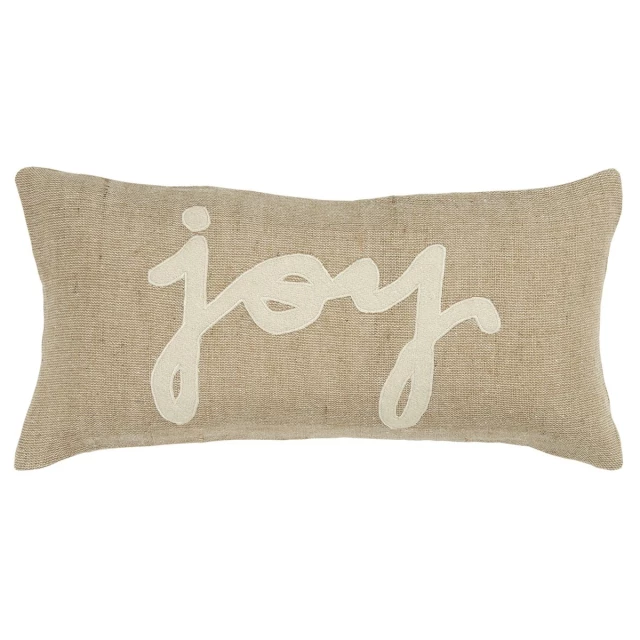 Joy felt applique burlap lumbar pillow with brown beige pattern and home accessories