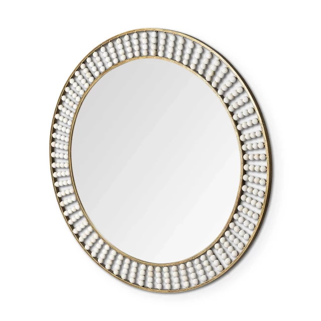 White wood bead frame wall mirror product image for online shopping
