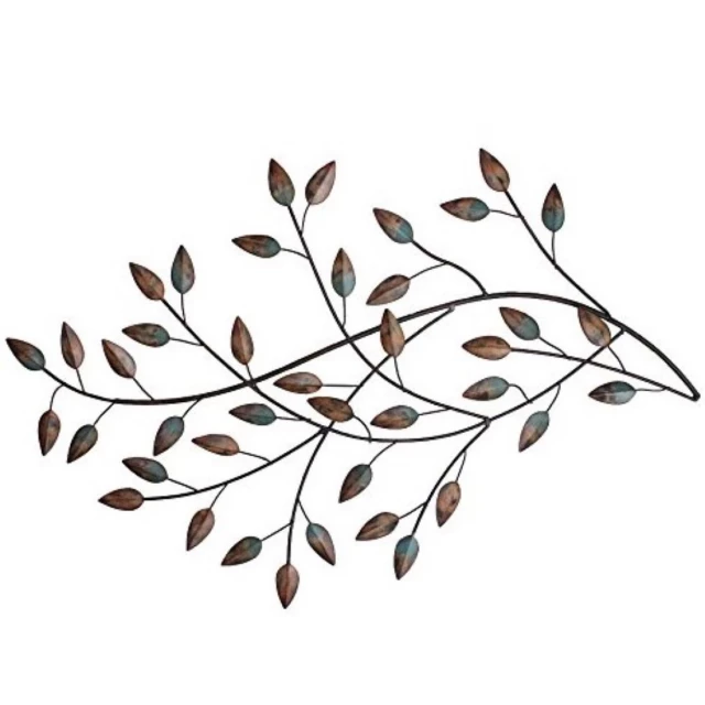 distressed metal blowing leaves wall decor with plant branch twig and flowering plant design