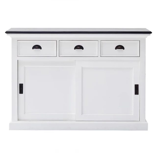 Black white buffet server with sliding doors and cabinetry design including drawers and handles