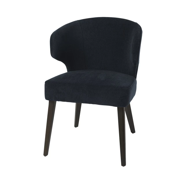 Black mid century wingback dining chair with wood armrests and comfortable natural material