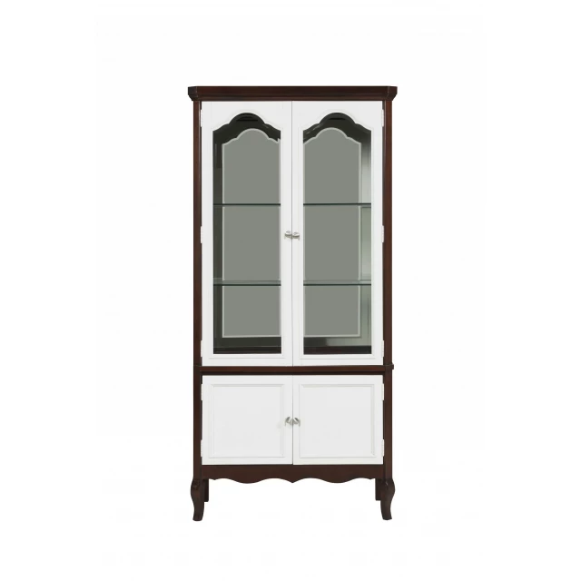 Walnut white wood curio cabinet with cabinetry design and chest of drawers in room setting