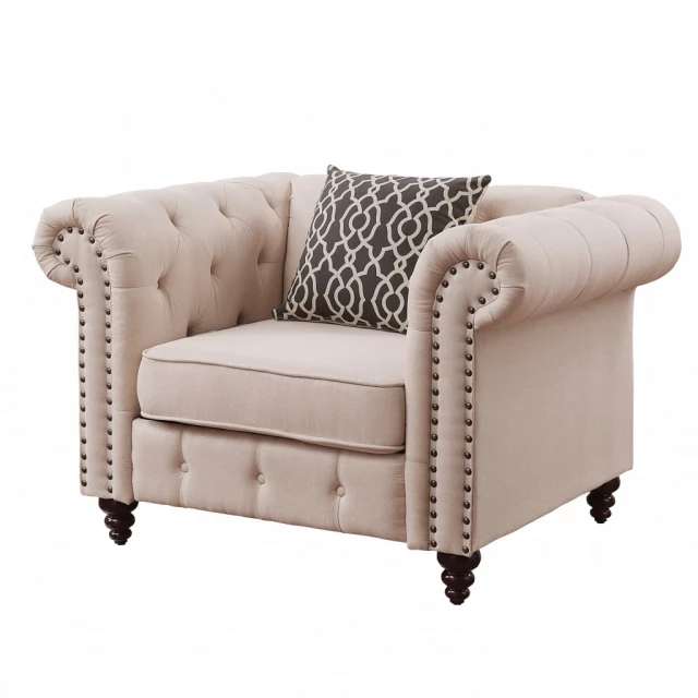 Beige linen black tufted chesterfield chair with wood armrests and comfortable studio couch design