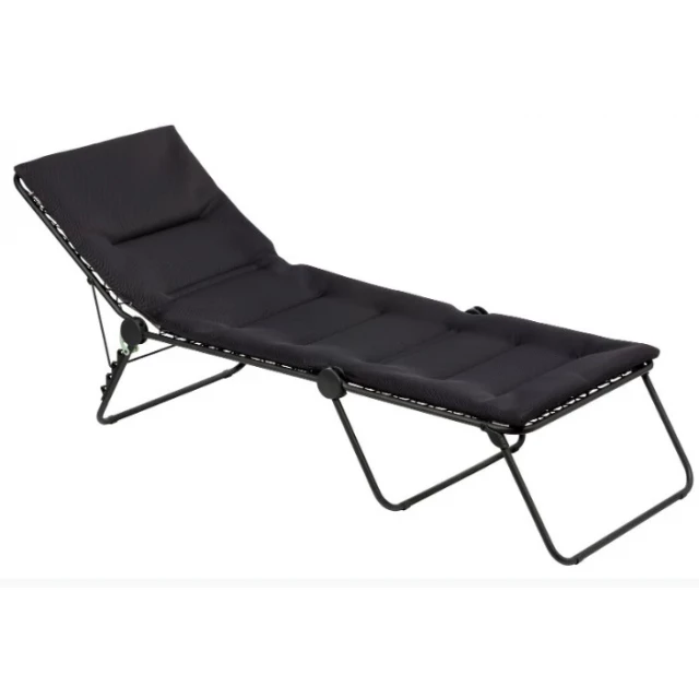 Black steel chaise lounge with black cushion for outdoor relaxation