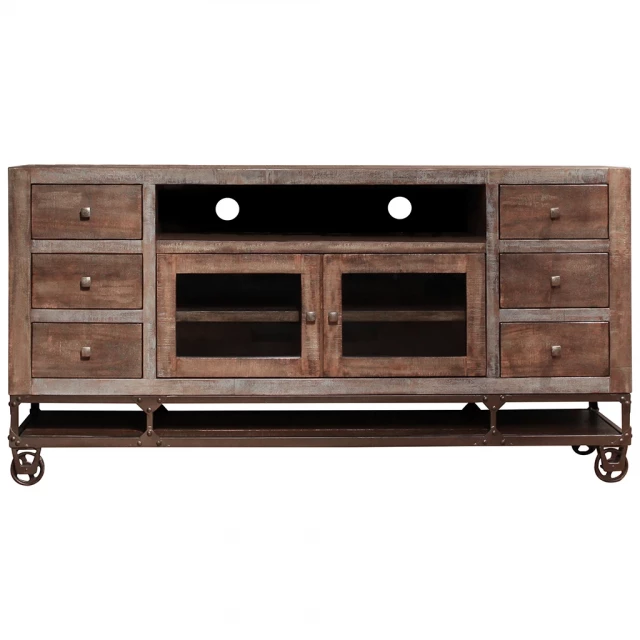 Distressed TV stand with enclosed cabinet storage and wood shelf