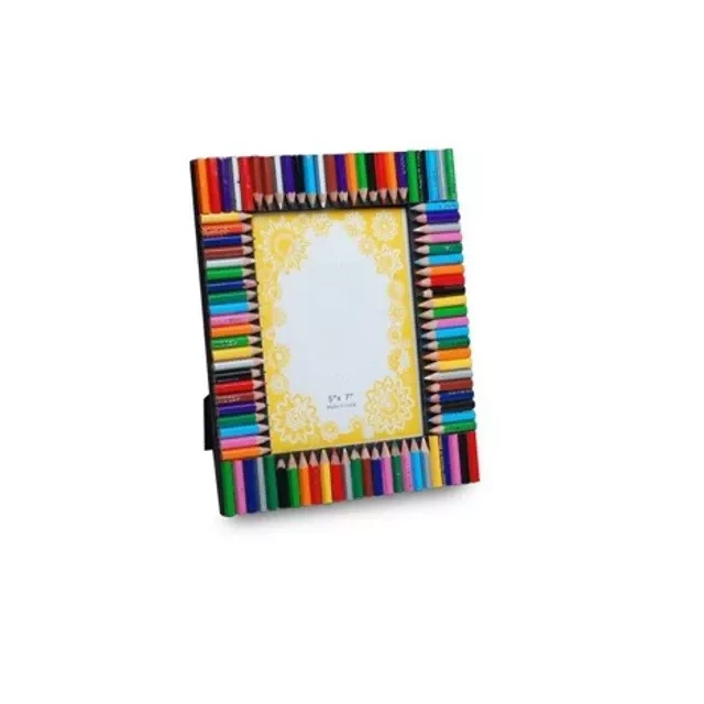 Colorful pencil bordered photo frame with artistic pattern and electric blue accents