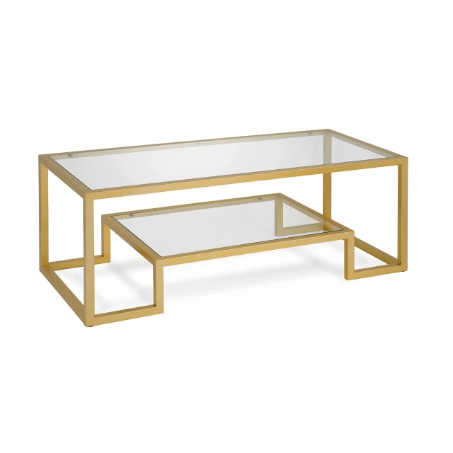 Elegant gold glass steel coffee table with lower shelf for modern home decor