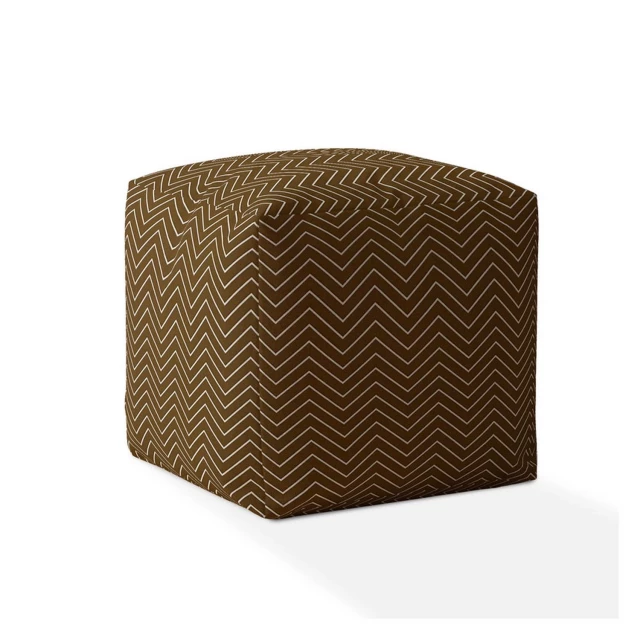 Brown cotton chevron pouf cover with a textured pattern and wooden accent