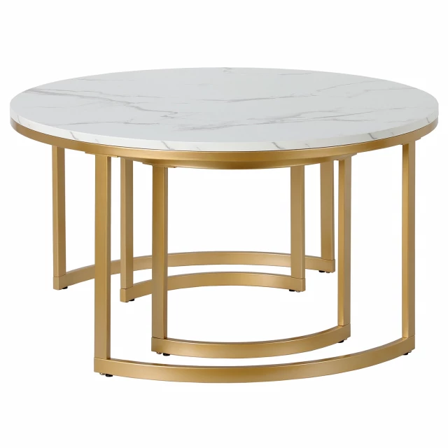 Marble steel round nested coffee tables with wood stain finish and artful design