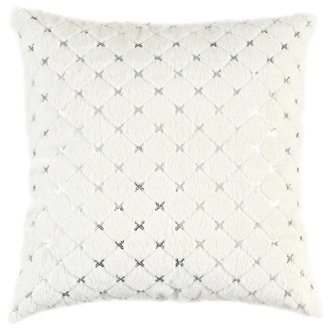 Silver metallic diamond pattern throw pillow on grey textile