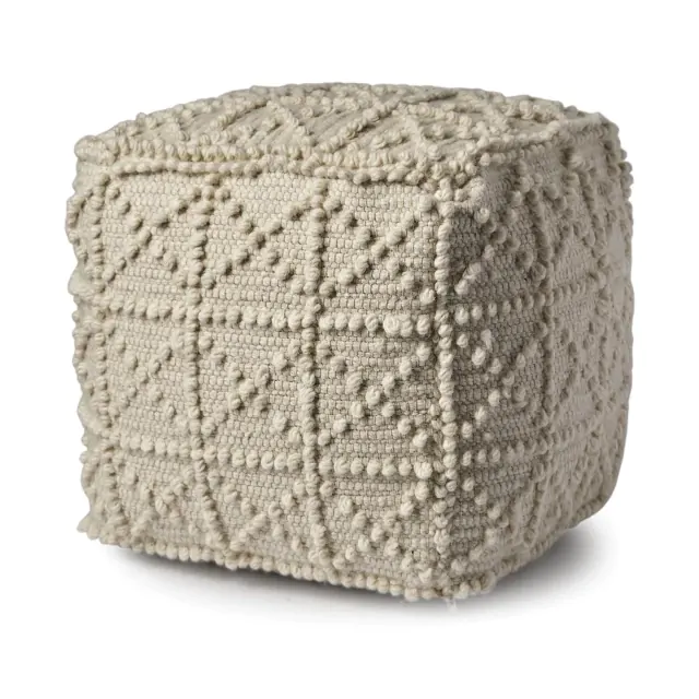 Ivory Wool Sqaure Pouf With Popcorn Detail Ivory Wool Sqaure Pouf With Popcorn Detail