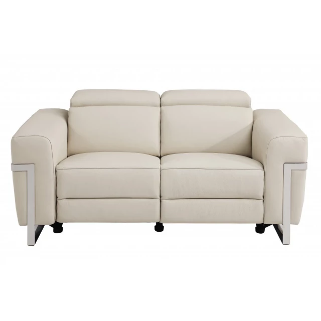 Silver Italian leather power reclining loveseat with comfortable cushioning and modern design