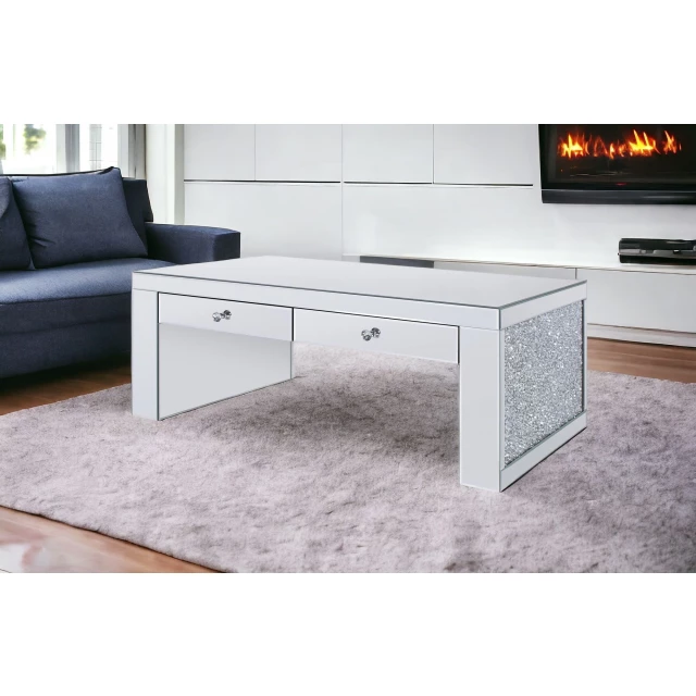 Silver glass mirrored coffee table with drawers for modern interior design