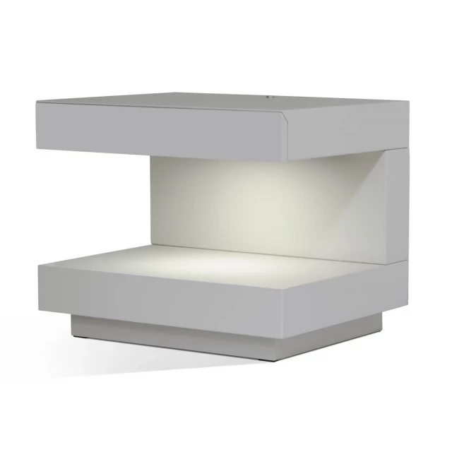 Modern grey veneer nightstand with metal accents and shelving