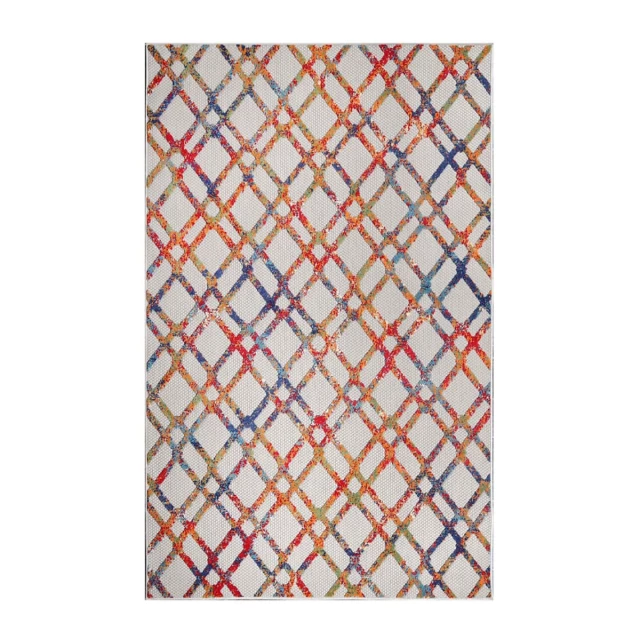 non skid indoor outdoor area rug with rectangle pattern and electric blue symmetry