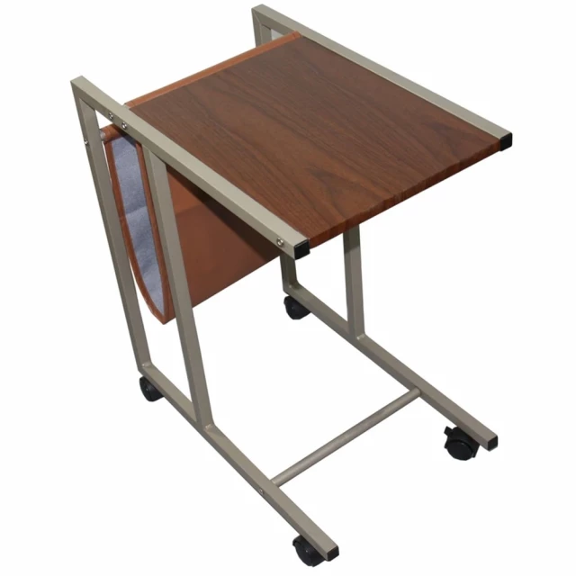 brown silver metal writing desk with rectangular metal frame and plywood top