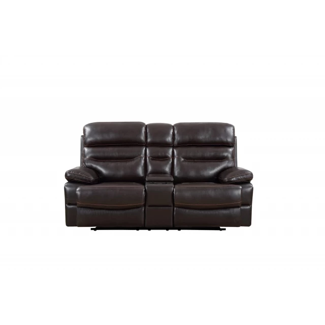 Brown leather manual reclining loveseat with storage and comfortable wood accents