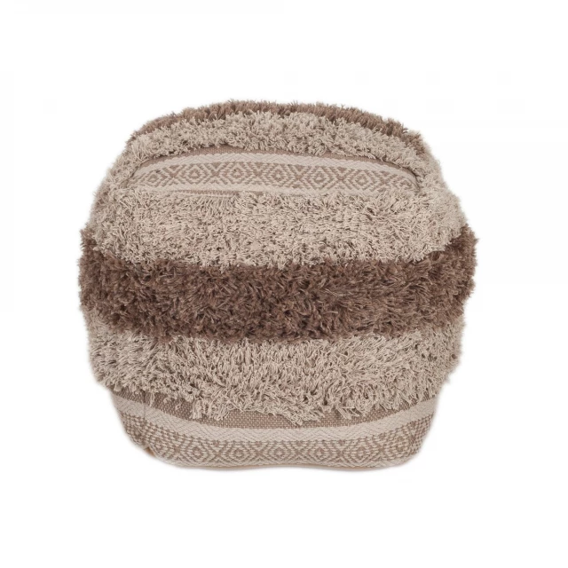 Boho shaggy khaki textured pouf with woolen pattern fashion accessory