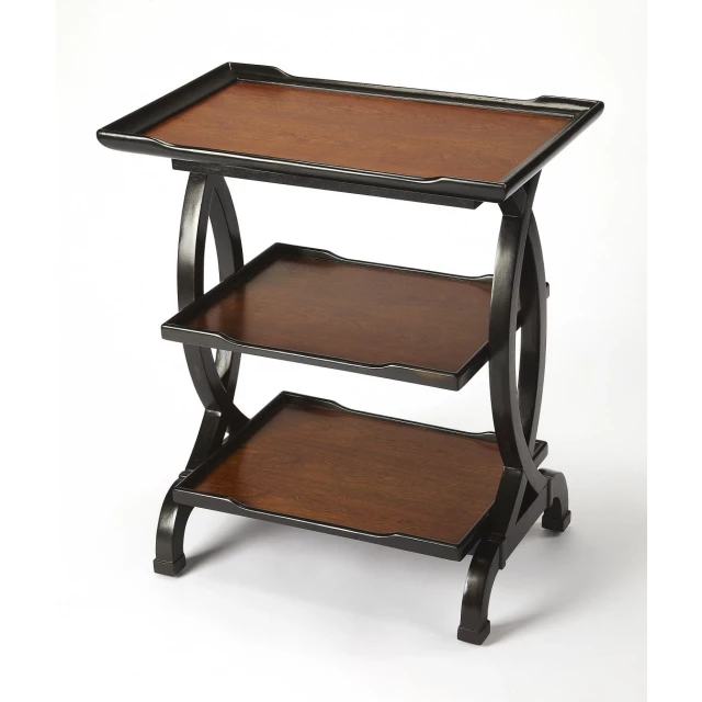 Rectangular manufactured wood end table with shelves and wood stain finish