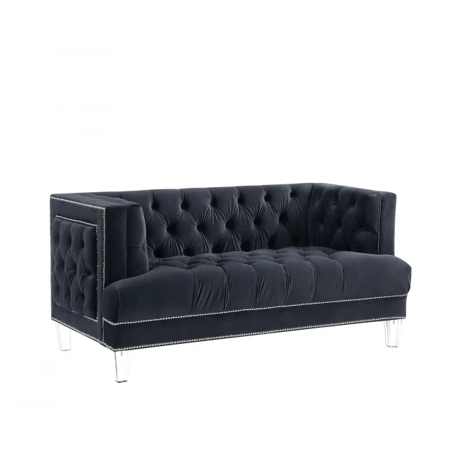 Charcoal silver velvet loveseat with comfortable studio couch design and modern furniture aesthetics