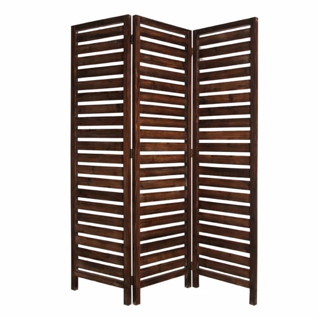 Brown panel solid wood fortress screen with symmetrical design and metal accents