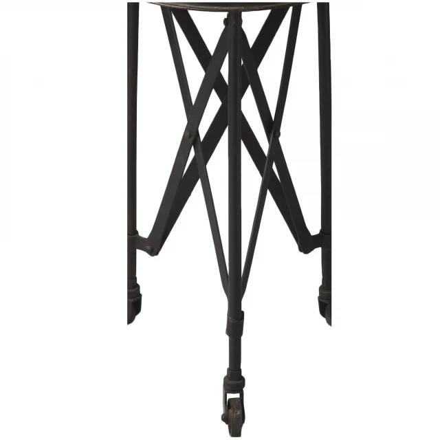 Black industrial rolling round end table with symmetrical pattern design