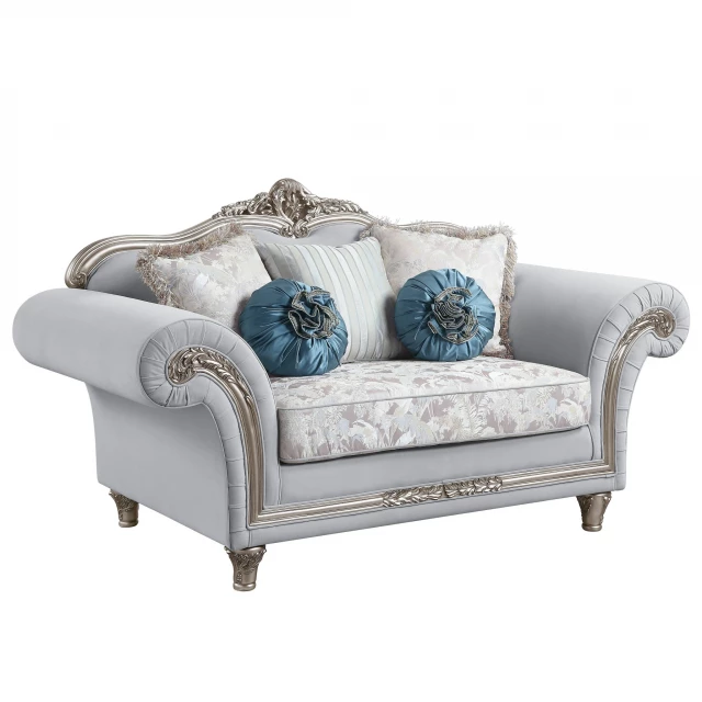 Gray platinum linen loveseat with azure toss pillows and comfortable rectangle design