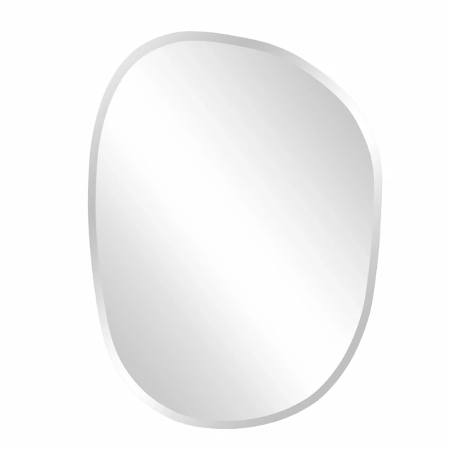 Oval asymmetrical frameless mirror product image showing reflective metal and light fixture reflections for online shop
