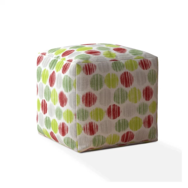White cotton polka dots pouf cover with artistic magenta circle pattern design