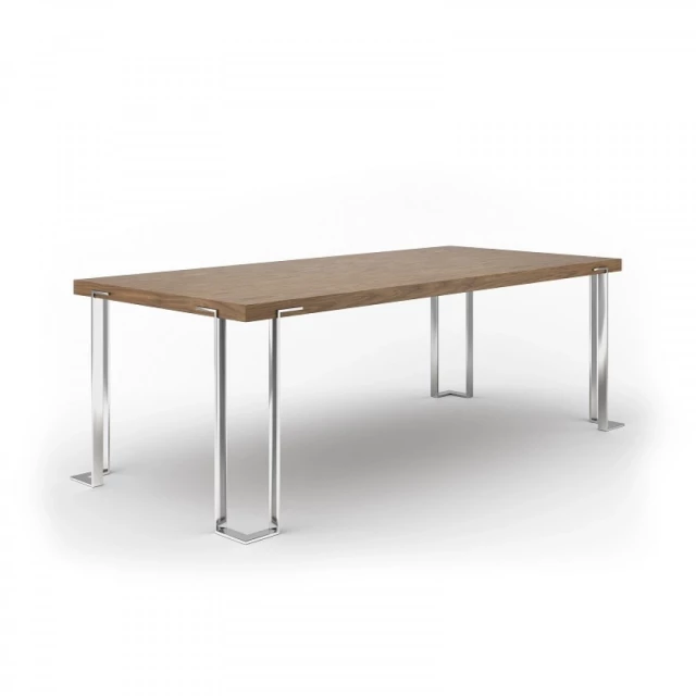 Manufactured wood stainless steel dining table with wood stain and rectangle shape