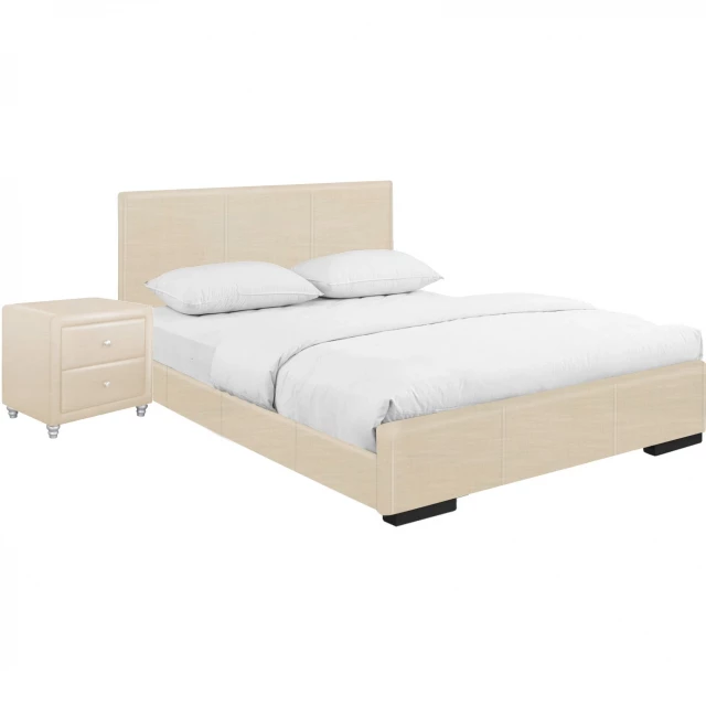 wood beige standard bed with upholstered headboard