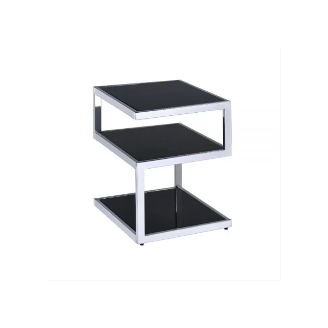 Glass chrome tiered shelves end table with wood elements and shelving for outdoor use