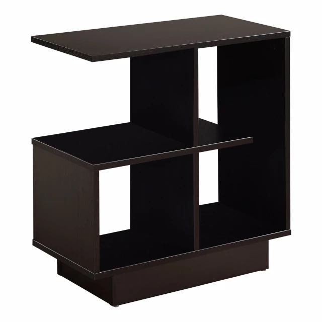 Espresso end table with four shelves featuring wood stain and plywood construction