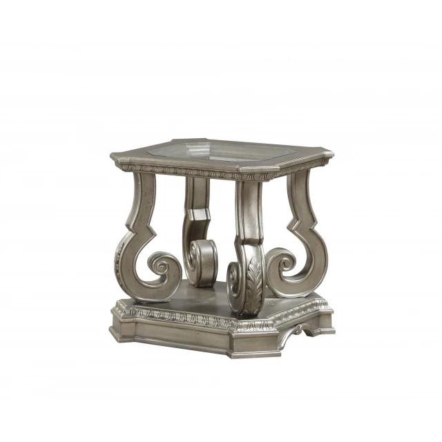 glass wood poly resin end table with pedestal base and metal accents