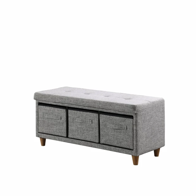 Gray brown upholstered polyester bench with drawers and hardwood accents