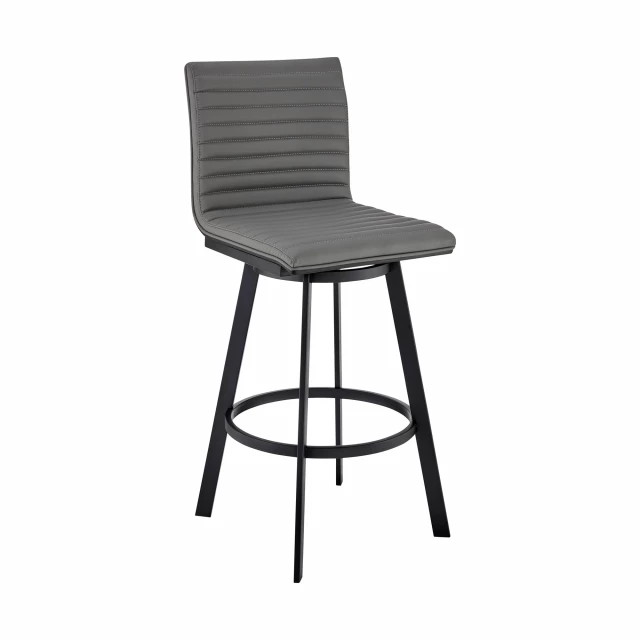 Iron swivel counter height bar chair with armrests and wood accents in outdoor setting