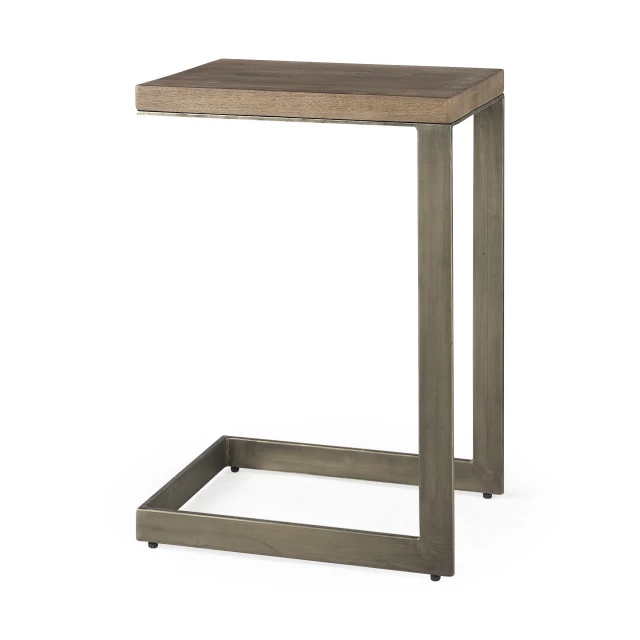 Wash nickel C-shaped TV table with wood stain and shelf in hardwood rectangle design