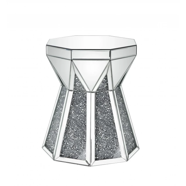 Gray silver mirrored octagon end table with geometric patterns