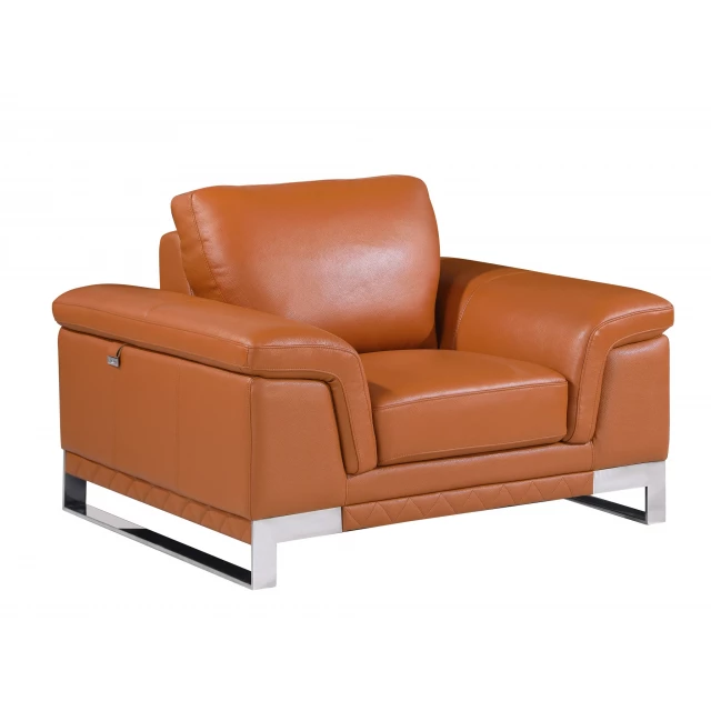 Camel lovely leather chair with armrests and wood accents in a comfortable studio setting