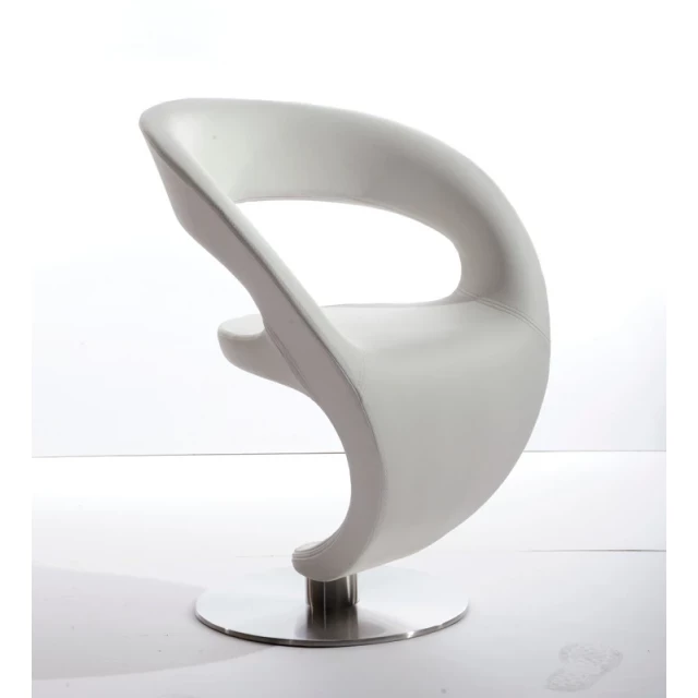 White leatherette lounge chair with a sleek modern design and artistic metal base