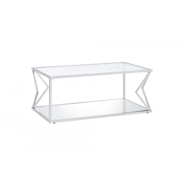 Clear glass rectangular coffee table with shelf and metal legs