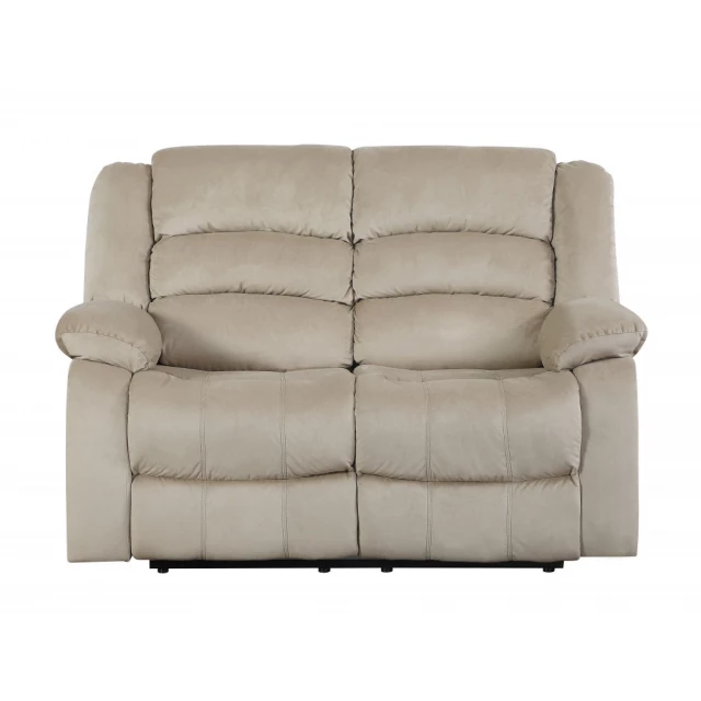 Beige microfiber manual reclining love seat with comfortable studio couch design for home furniture
