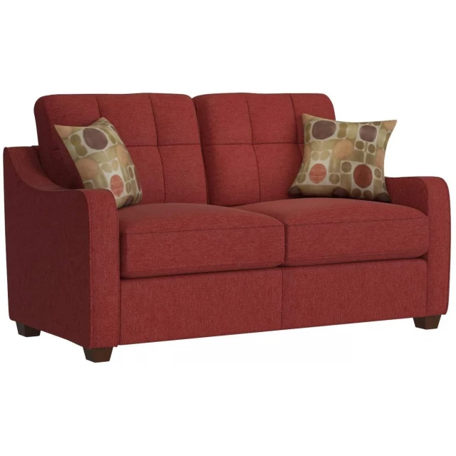 Red linen loveseat pillows on a brown wood-framed couch with comfortable rectangle chair cushions