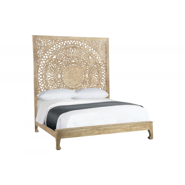 Gray carved medallion queen-size bed with wood frame