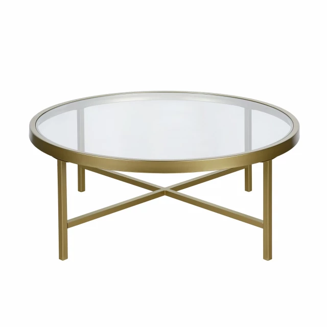 Gold glass steel round coffee table with wood accents and modern outdoor furniture design